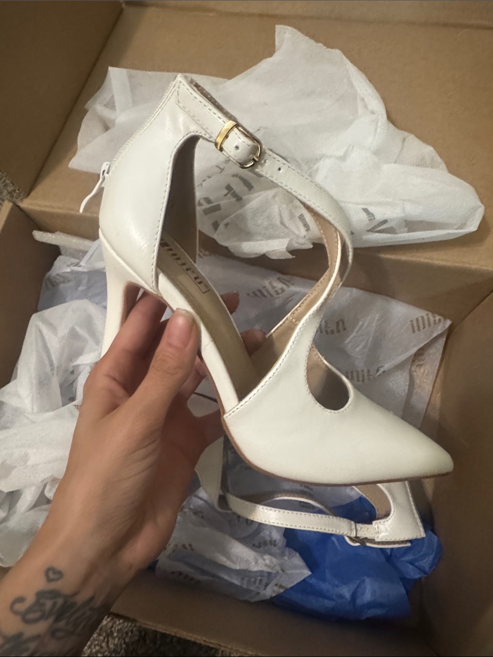 IDIFU White Pointed-Toe Cutout Heels with Ankle Strap